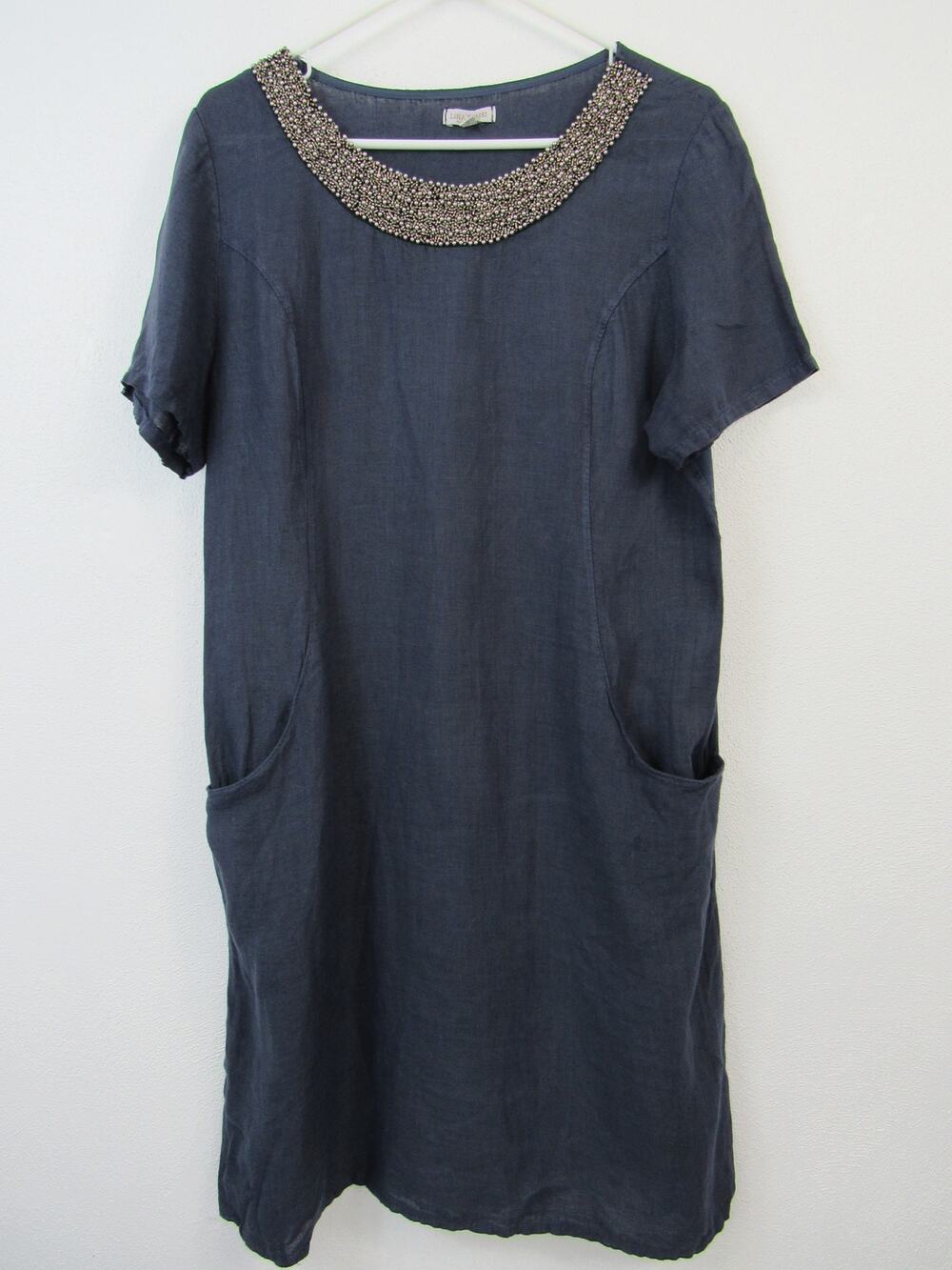 Lina Tomei Large Blue Linen Shift Dress Beaded Neckline Short Sleeves Italy